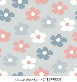 Frische Muster mit Cartoon-Blumen auf hellgrauem Hintergrund. Charmanter Blumendruck für die Print-Design von Baby-Kleidung, Baby-Strickwaren, gemütliche Baumschule-Textilien und festliche Babydusche.