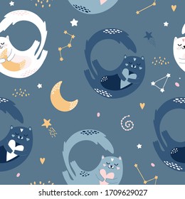 Cute childish pattern with cats at night. Cute cats, clouds, stars, moon, constellations, hearts. Vector night background. Printing on fabric, paper, clothing.