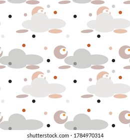 
Cute childish pattern of clouds. Delicate clouds in the sky. Seamless pattern for baby fabrics, posters, backgrounds. Wallpaper with clouds, stars, moon. Stylish pattern for a decks room.

