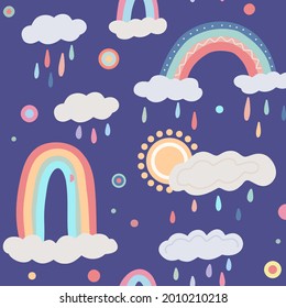 Cute childish pattern with different rainbows, cloud, sun on violet background with colorful drops and dots. Vector natural texture. Gentle rainy sky wallpaper. Multicolored arcs of natural phenomena