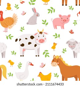 Cute childish pattern with farm animals. Funny seamless vector print with horse, chicken, cow, sheep and rabbit grazes on the meadow