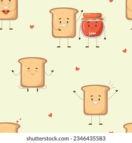 Cute childish pattern with a fun character of toast bread. Seamless pattern on a light yellow background for clothes, fabric, wallpapers, textiles and paper. Stock vector illustration.