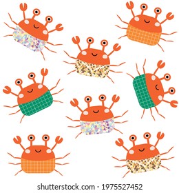 Cute childish pattern with funny crabs in pants. Kids textile print. Vector hand drawn illustration.