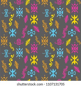 Cute childish pattern with hand drawn tribal elements. Background in primitive style. Great for birthday, fabric, cards, wrapping, textile. Vector illustration