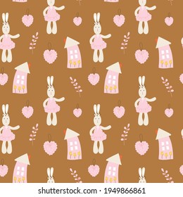 cute childish pattern with hare, heart, house. print for design of fabric, bedding, wrapping paper