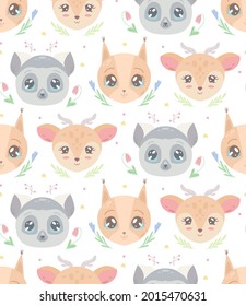 Cute childish pattern with heads of animal and flowers on a white background. Vector texture with lemur, squirrel and deer with stars and floral pattern. Cartoon animalistic wallpaper for the nursery.