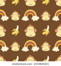 cute childish pattern with cute monkey, banana and rainbow. childish pattern template vector illustration