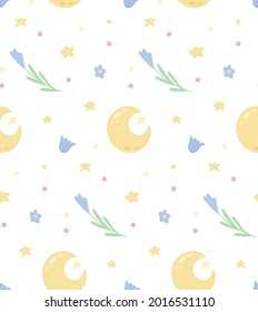 Cute childish pattern with moon and flowers on a white background. Vector texture with stars and floral pattern. Cartoon summer night wallpaper for nursery. Fabric with sky