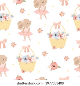 cute childish pattern with mouse ballerina. delicate pattern with flowers. ballet