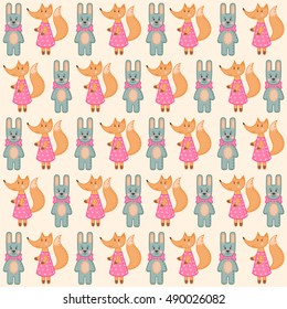 Cute childish pattern with rabbits and foxes. Pattern can be used for wallpapers, pattern fills, web page backgrounds, surface textures, textile and wrapping