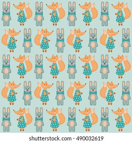 Cute childish pattern with rabbits and foxes. Pattern can be used for wallpapers, pattern fills, web page backgrounds, surface textures, textile, wrapping