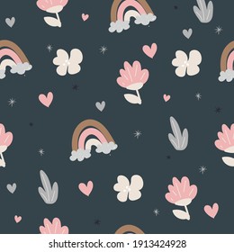 cute childish pattern with rainbow and flowers on a dark background. print for fabric design, wrapping paper, baby creatures