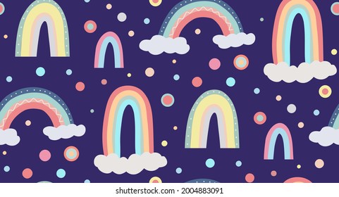 Un lindo patrón infantil del cielo. Patrón sin foco con diferentes arcos, nubes y puntos. Papel vectorial en suaves colores pastel sobre un fondo oscuro. Tela para vivero