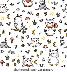 Cute childish pattern with sleeping and flying baby owls, enchanted forest, leaves, mushrooms. Seamless vector print with night birds on white background for kids textile, wallpaper, wrapping paper