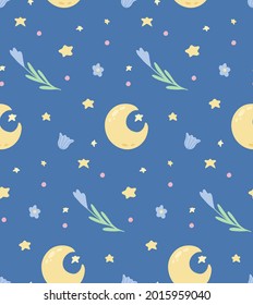 Cute childish pattern with star, crescent and flowers on blue background. Vector texture with moon and floral pattern. Cartoon summer night wallpaper for nursery. Fabric with sky