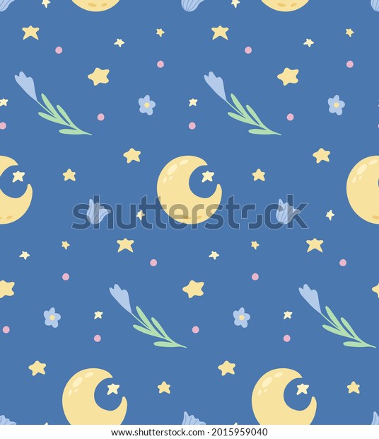 Cute\
childish pattern with star, crescent and flowers on blue\
background. Vector texture with moon and floral pattern. Cartoon\
summer night wallpaper for nursery. Fabric with\
sky
