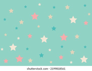 Cute childish pattern with stars. Turquoise background with multicolored stars. Pink, blue and milk stars. Vector