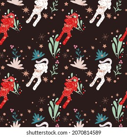 Cute childish pattern with tiger and flowers. New year 2022. Scandinavian srtyle. 