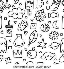 Cute childish pattern. Vector baby baby . Doodle ice cream, candle, cloud, leaf, sock, moon, vase, ghost. Perfect for wrapping paper, printing on the fabric, design package and cover for kids