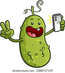 Cute childish pickle  baby influencer cartoon character posting to take a selfie with a smart phone camera for their social media followers vector clip art