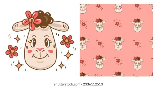 Patrón impecable de color rosa pueril e impresión con animal. Fondo de color pastel con flores de oveja sonrientes adorables y estrellas para ropa de niña, diseño de tela. Ilustración del vector