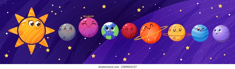 Cute childish planets of solar system at night sky flat vector illustration. Funny galaxy objects, stars and cosmic globes smile at outer space. Sun, earth and astronomical characters with emotions.
