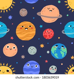 Cute childish planets and stars of solar system seamless pattern. Funny astronomical objects with orbits vector flat illustration. Cartoon universe with adorable cosmic celestial body