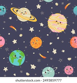 Lindos planetas infantiles y estrellas del sistema solar sin patrón. Divertidos objetos astronómicos con órbitas Vector ilustración plana. Universo de dibujos animados con adorable cuerpo celeste cósmico