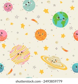 Cute childish planets and stars of solar system seamless pattern. Funny astronomical objects with orbits vector flat illustration. Cartoon universe with adorable cosmic celestial body