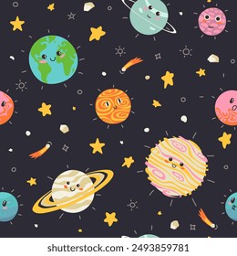 Lindos planetas infantiles y estrellas del sistema solar sin patrón. Divertidos objetos astronómicos con órbitas Vector ilustración plana. Universo de dibujos animados con adorable cuerpo celeste cósmico