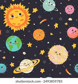 Lindos planetas infantiles y estrellas del sistema solar sin patrón. Divertidos objetos astronómicos con órbitas Vector ilustración plana. Universo de dibujos animados con adorable cuerpo celeste cósmico