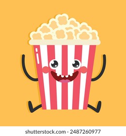 Cute childish popcorn character on yellow background. Cartoon smiling popcorn in flat style. Vector illustration