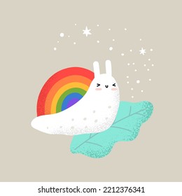 Cute childish print with animal snail with rainbow shell. For postcard, poster, applying to fabric, paper, t-shirt, Kids clothing. Flat vector illustration. Hand drawn style.