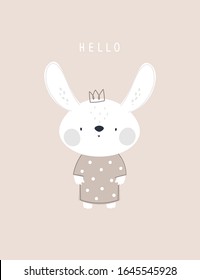 Cute childish print with baby bunny. Bedtime, baby shower illustration. Trendy kids vector print. Ideal for creating posters, cards, prints, digital paper, kid clothing, nursery prints and room decor