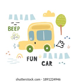 Cute childish print with hand drawn cute car. Cartoon cars, road sign, zebra crossing vector illustration. Perfect for kids fabric,textile,nursery wallpaper