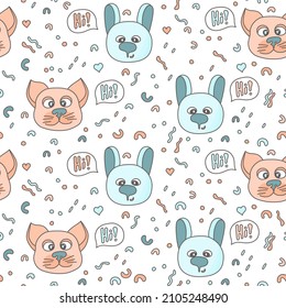 Cute childish print with hares, cats and small elements on a white background. Vector seamless pattern for baby fabrics and textiles, wrapping paper and wallpaper.