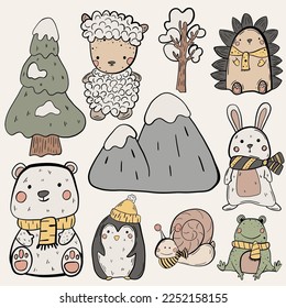 Cute childish print with little hedgehog, bear, penguin, bunny, frog, sheep, tree, mountain, snail. Adorable nursery clipart in pastel colors. Vector illustration