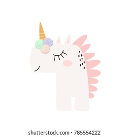 Cute childish print with unicorn with ice cream. Perfect for kids apparel, poster, baby shower card. Vector illustration