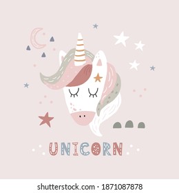 Cute childish print with unicorn. Perfect for kids apparel, poster, baby shower card. Vector illustration