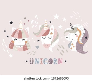 Cute childish print with unicorn. Perfect for kids apparel, poster, baby shower card. Vector illustration