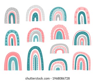 Cute childish rainbow collection, abstract colored shapes with ornaments, hand drawn elements in modern doodle flat style. Scandinavian clip art. Vector illustration set on white isolated background