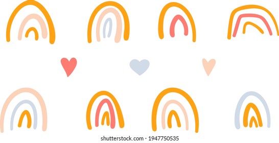 Cute childish rainbow with hearts vector illustration isolated on white background color clipart.
