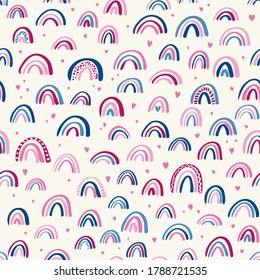 Cute childish rainbows and hearts seamless vector pattern. Nursery children pattern. Scandinavian wallpaper for kids. Hand drawn rainbow doodle background. Girls room decoration. Pink and blue colors.