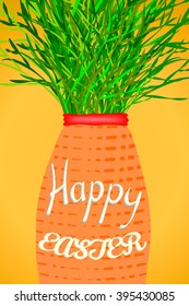 Cute childish red Easter carrot and hand written text Happy Easter for your decoration. Vivid vector illustration: orange, green, yellow. 