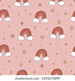 Cute childish retro seamless pattern with rainbows in boho style in pastel shades