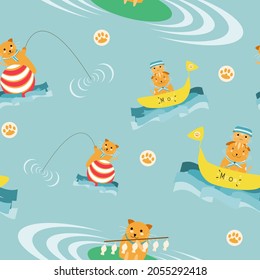 Cute childish sailor cat seamless pattern background comprises cat on a boat, fishing, carries fish, paw. Design for baby wallpaper, fabric, cover paper, print decoration. Animal art texture vector.