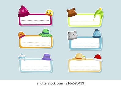 Cute childish school labels with winter and summer headdress collection vector illustration. Kindergarten border blank for kids name stationery note with headwear clothes. Paper tag frame with cap hat