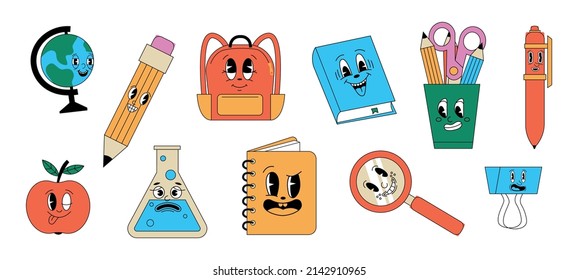 Cute childish school supplies. Different items for school with funny faces. Vector illustration set happy colorful education objects.