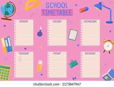 Cute Childish School Timetable, Weekly Classes Schedule For Kids With School Supplies. Printable Planner, Diary For Student. Stationery Set For Children. To Do List.