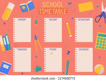 Cute childish school timetable, weekly classes schedule for kids with school supplies. Printable planner, diary for student. Stationery set for children. To Do List.